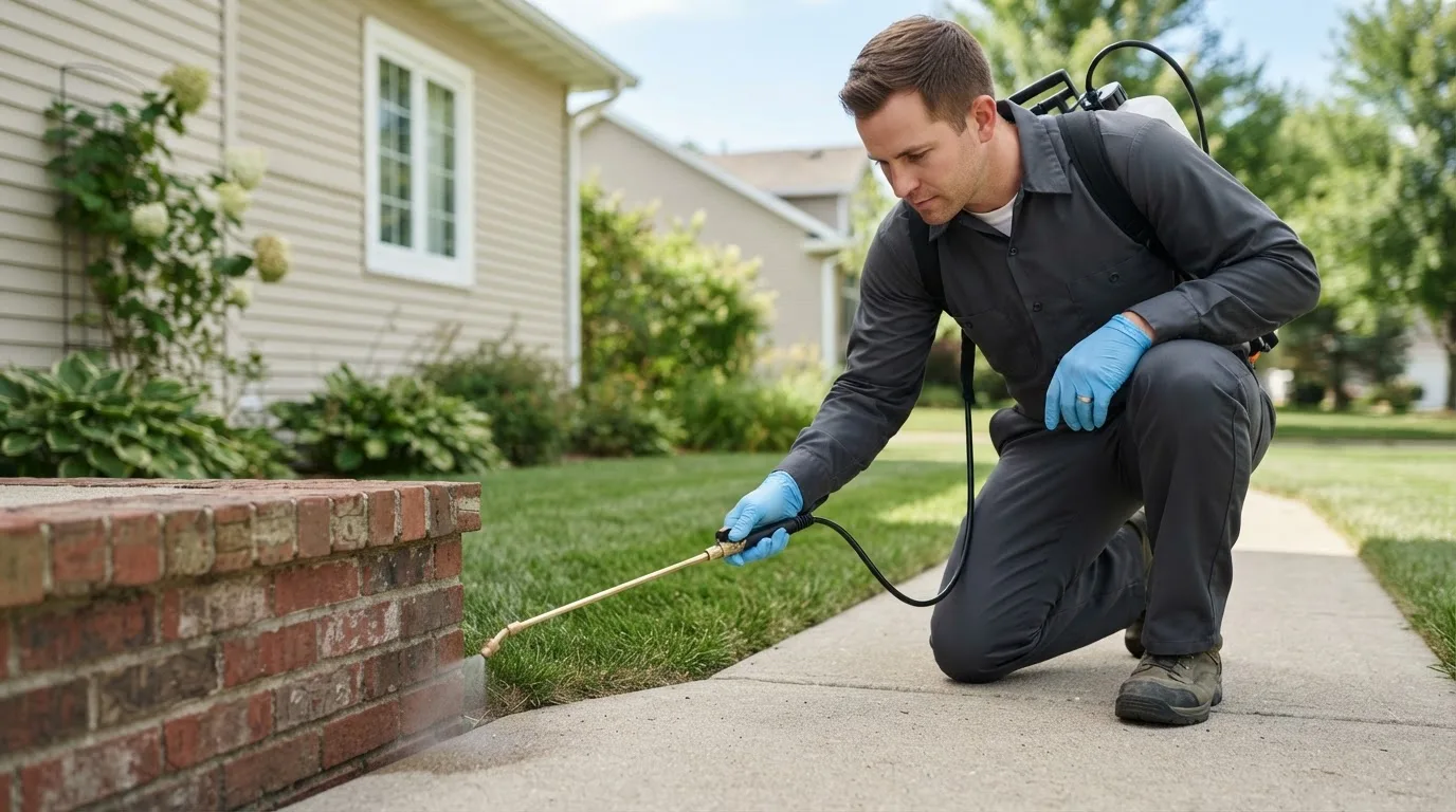Pest control technician treating a home near Waite Park, MN